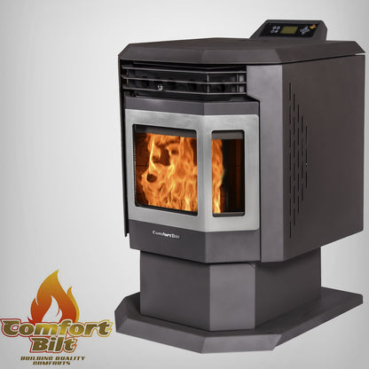 ComfortBilt HP21 pellet stove in Stainless Trim — right side with logo