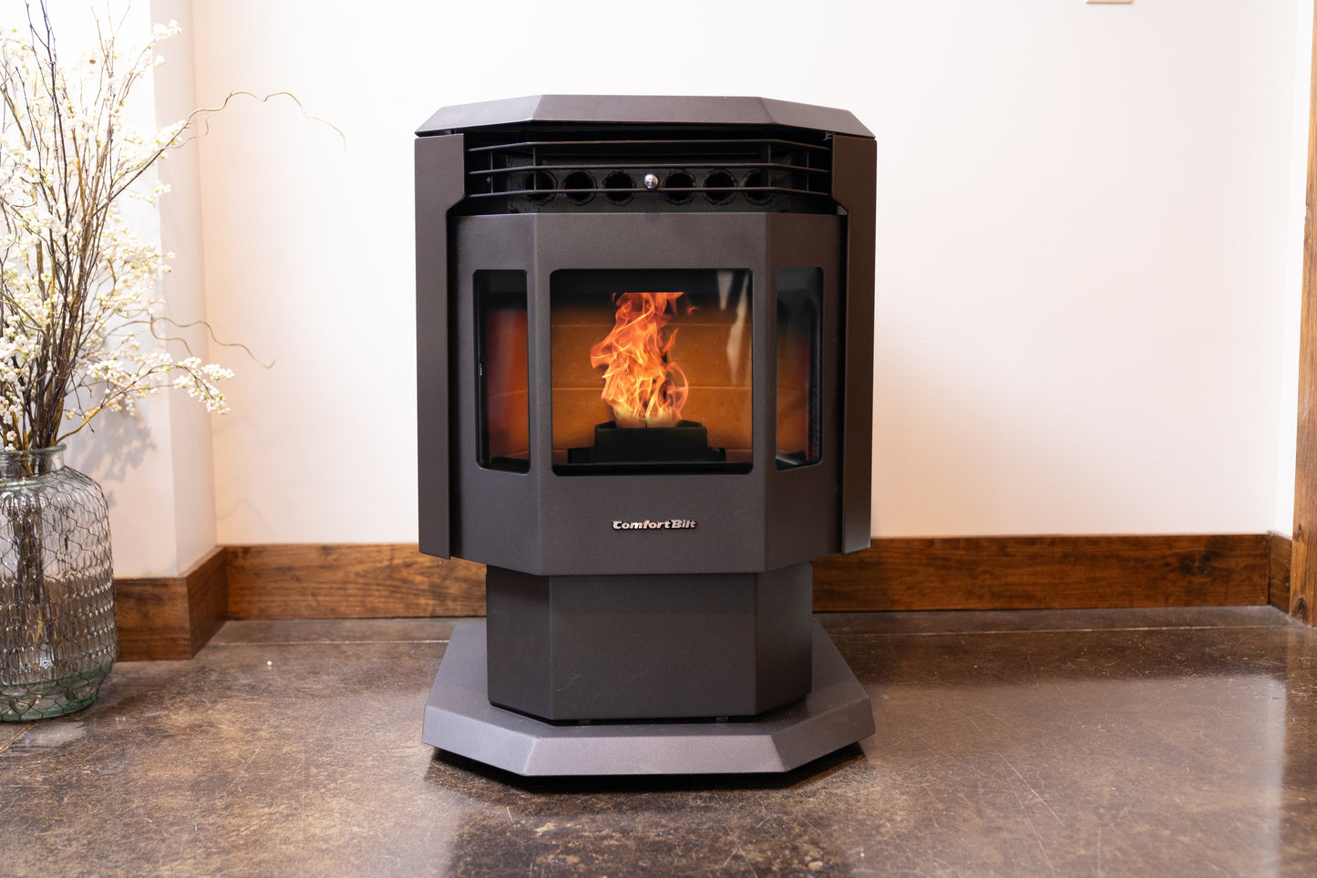 ComfortBilt HP21 pellet stove in Standard — pedestal design front lifestyle