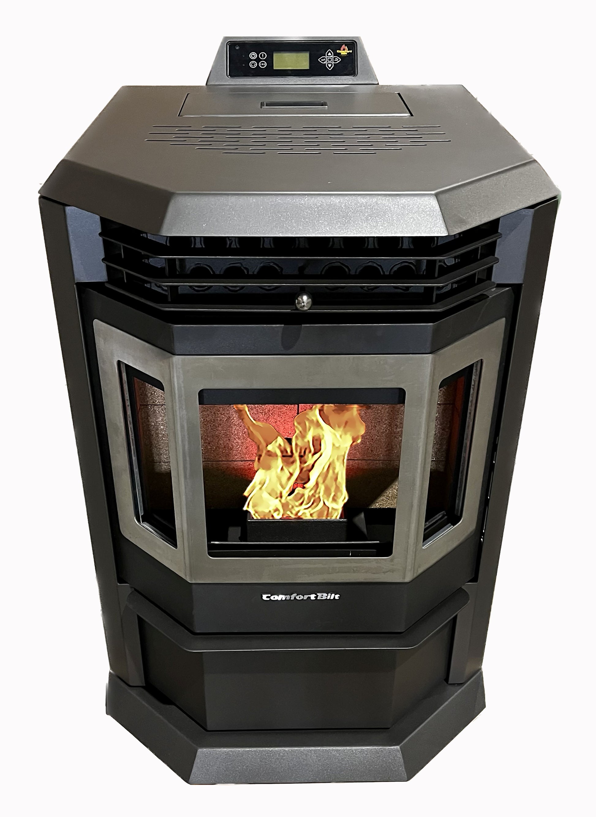 ComfortBilt HP22 pellet stove in Black Stainless Trim — front top w fire