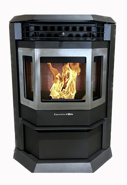 ComfortBilt HP22 pellet stove in Black Stainless Trim — front w fire