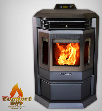 ComfortBilt HP22 pellet stove in Black Stainless Trim — front with logo