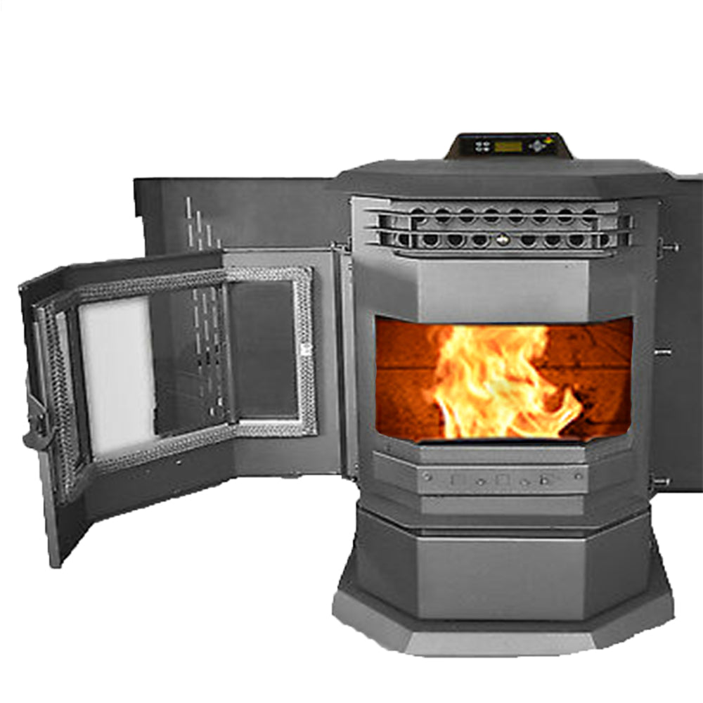 ComfortBilt HP22 pellet stove in Black Stainless Trim — open