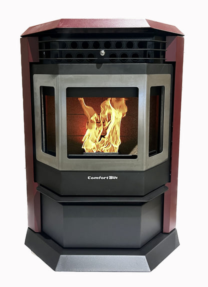 ComfortBilt HP22 pellet stove in Burgundy Stainless Trim — front with flame