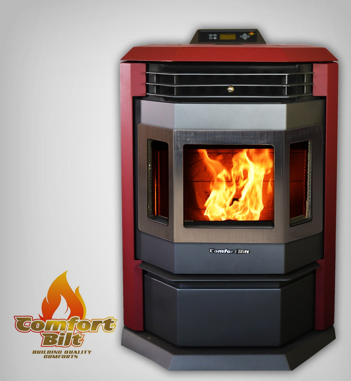 ComfortBilt HP22 pellet stove in Burgundy Stainless Trim — front with logo