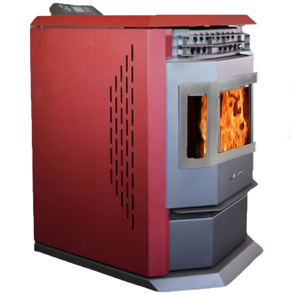 ComfortBilt HP22 pellet stove in Burgundy Stainless Trim — left