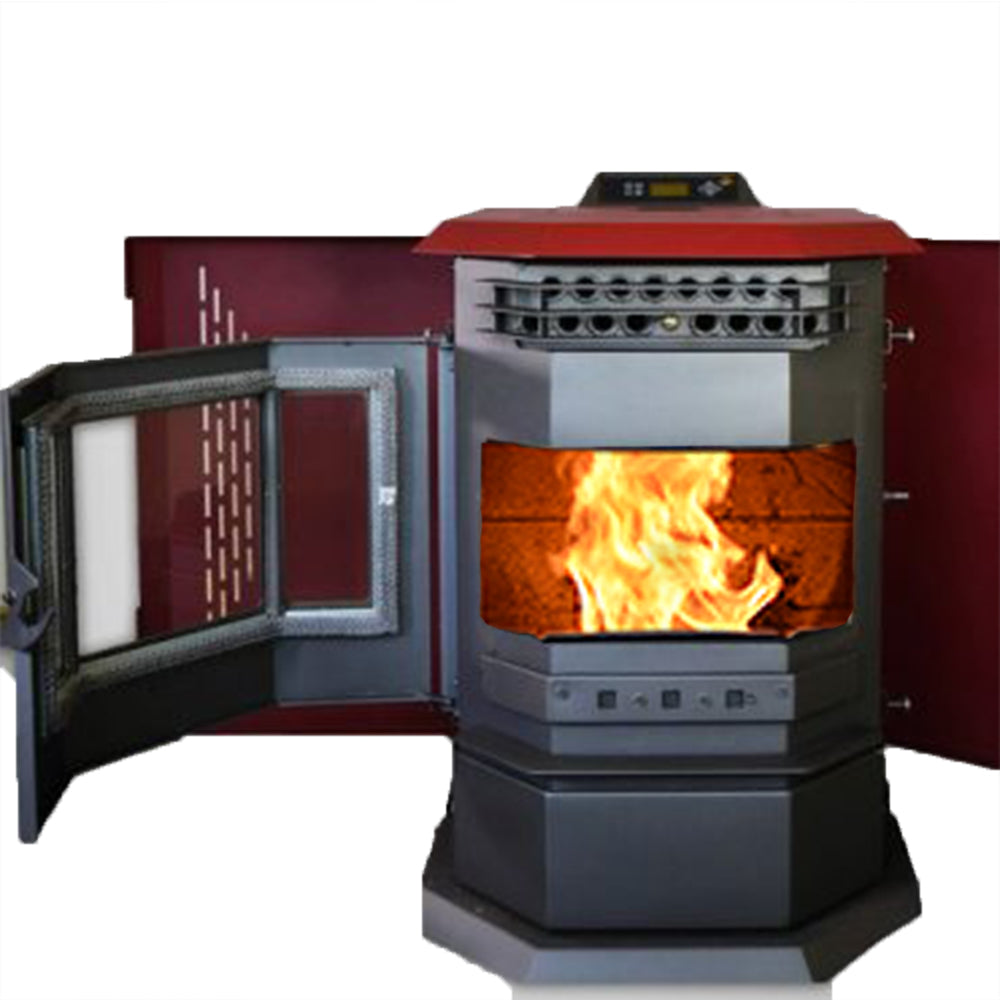 ComfortBilt HP22 pellet stove in Burgundy Stainless Trim — open