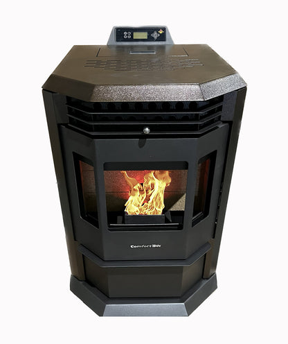 ComfortBilt HP22 pellet stove in Golden Brown — front w fire