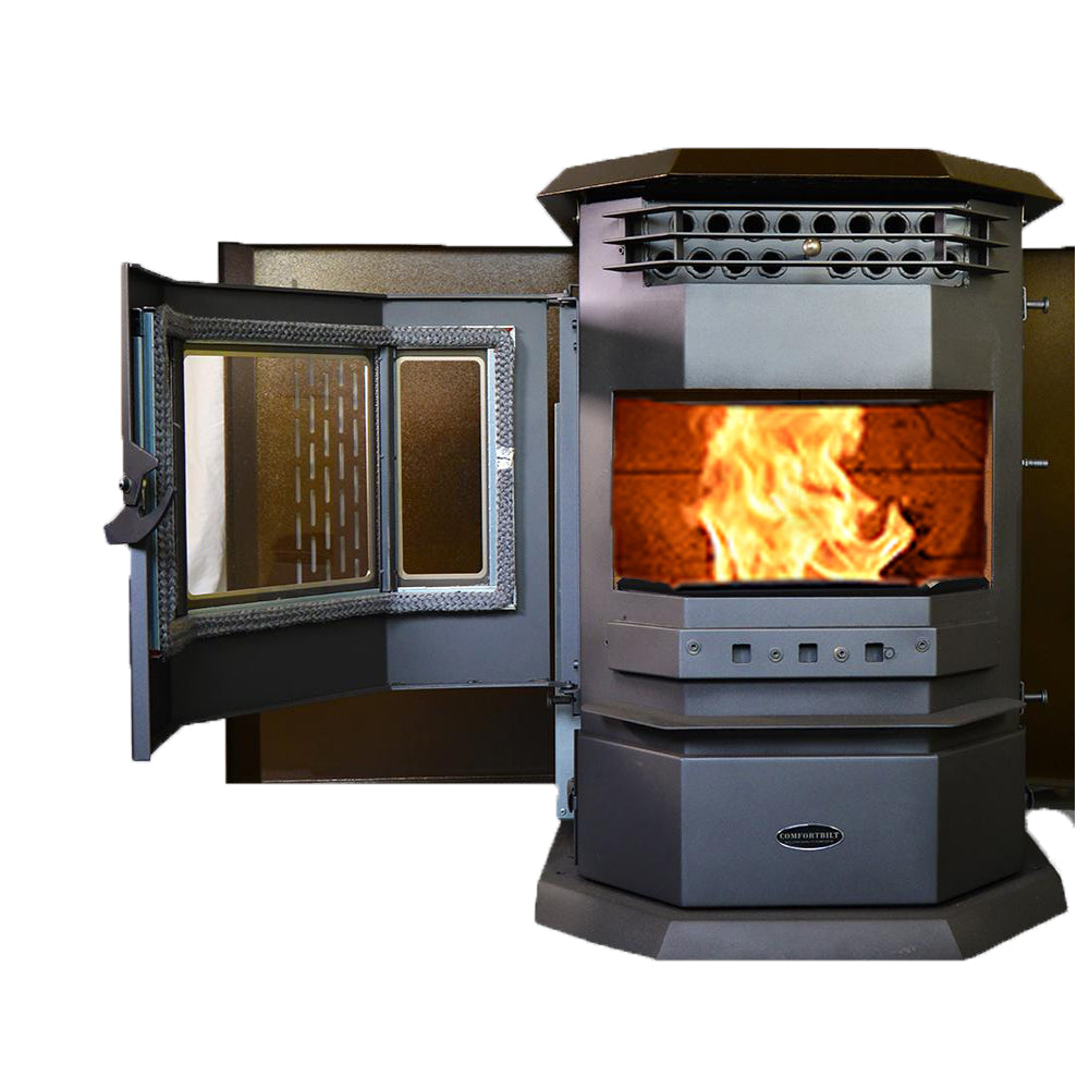 ComfortBilt HP22 pellet stove in Golden Brown — open