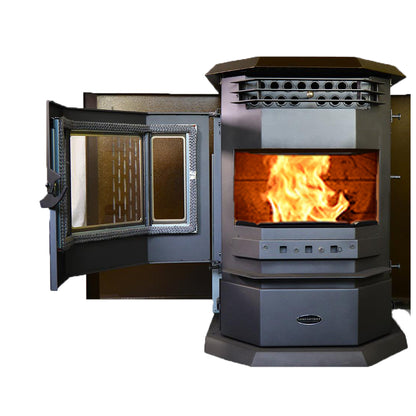ComfortBilt HP22 pellet stove in Golden Brown — open