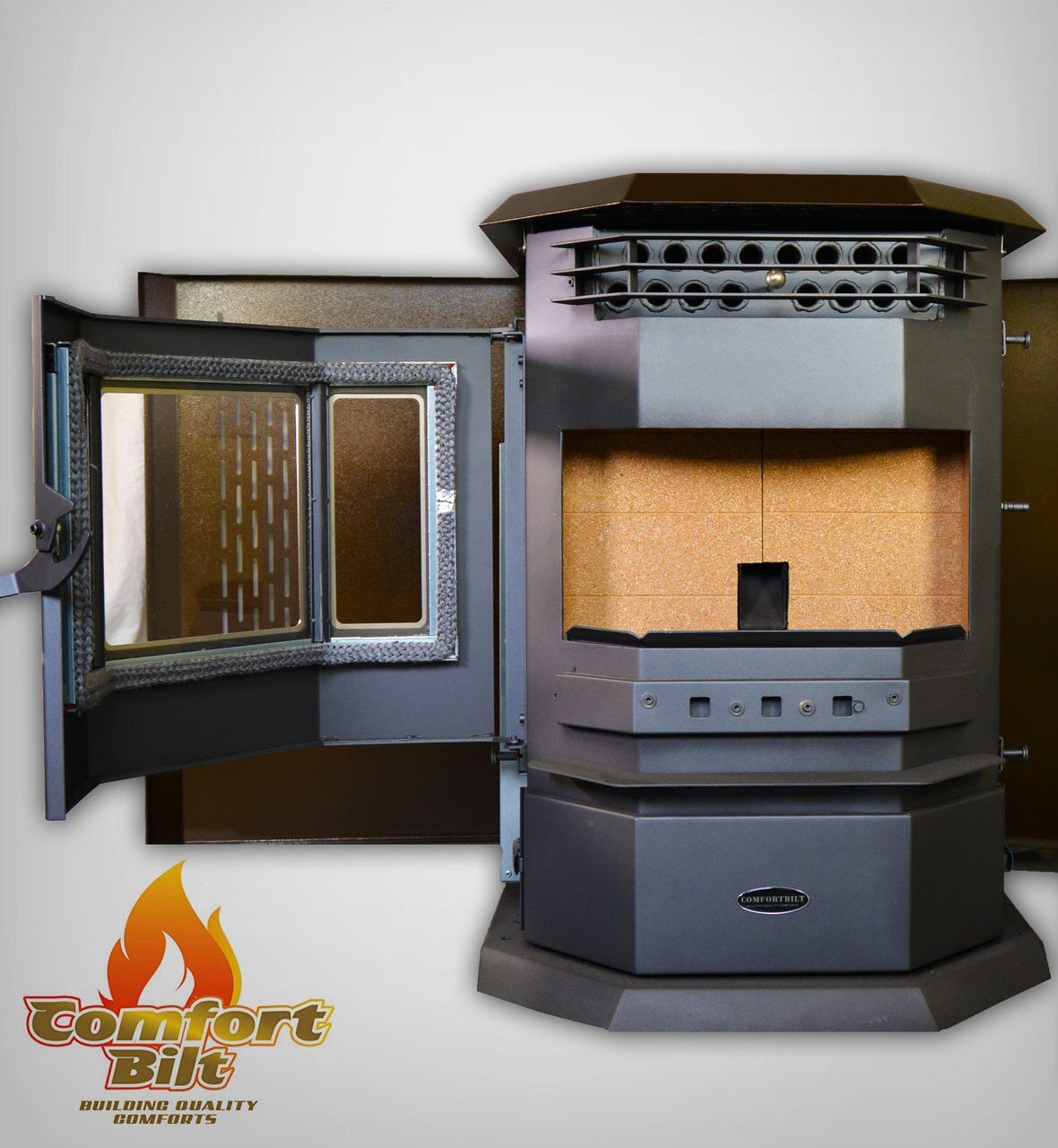 ComfortBilt HP22 pellet stove in Golden Brown Stainless Trim — front open