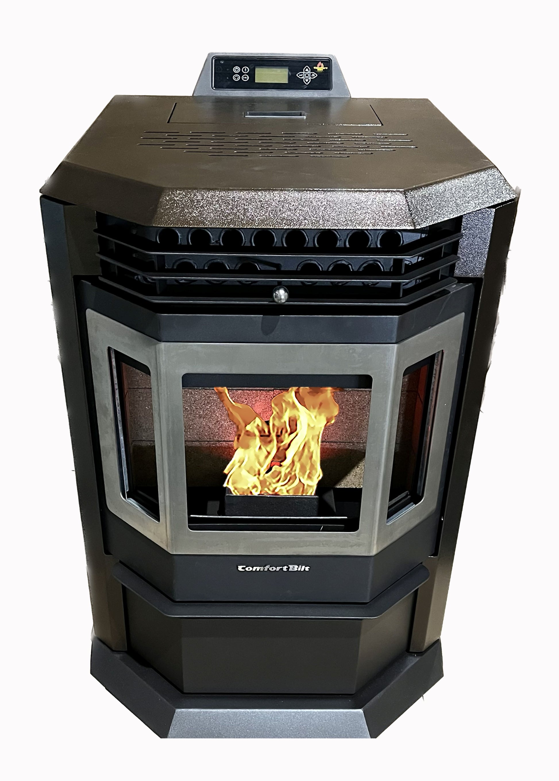 ComfortBilt HP22 pellet stove in Golden Brown Stainless Trim — front top w fire