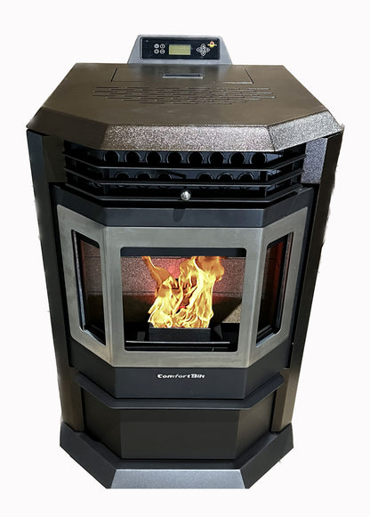 ComfortBilt HP22 pellet stove in Golden Brown Stainless Trim — front top w fire