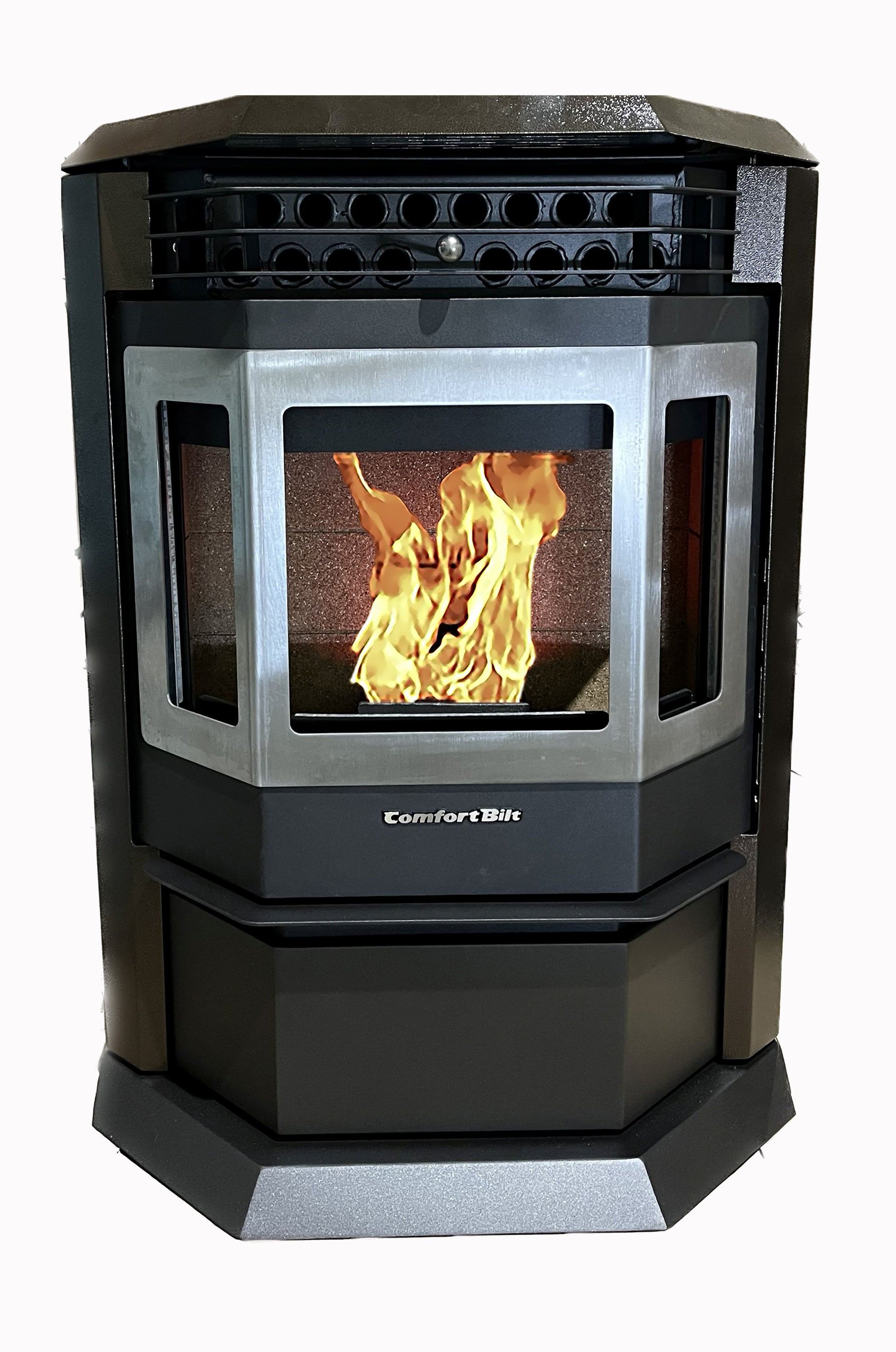 ComfortBilt HP22 pellet stove in Golden Brown Stainless Trim — front with fire