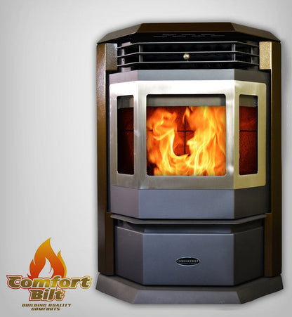 ComfortBilt HP22 pellet stove in Golden Brown Stainless Trim — front with logo