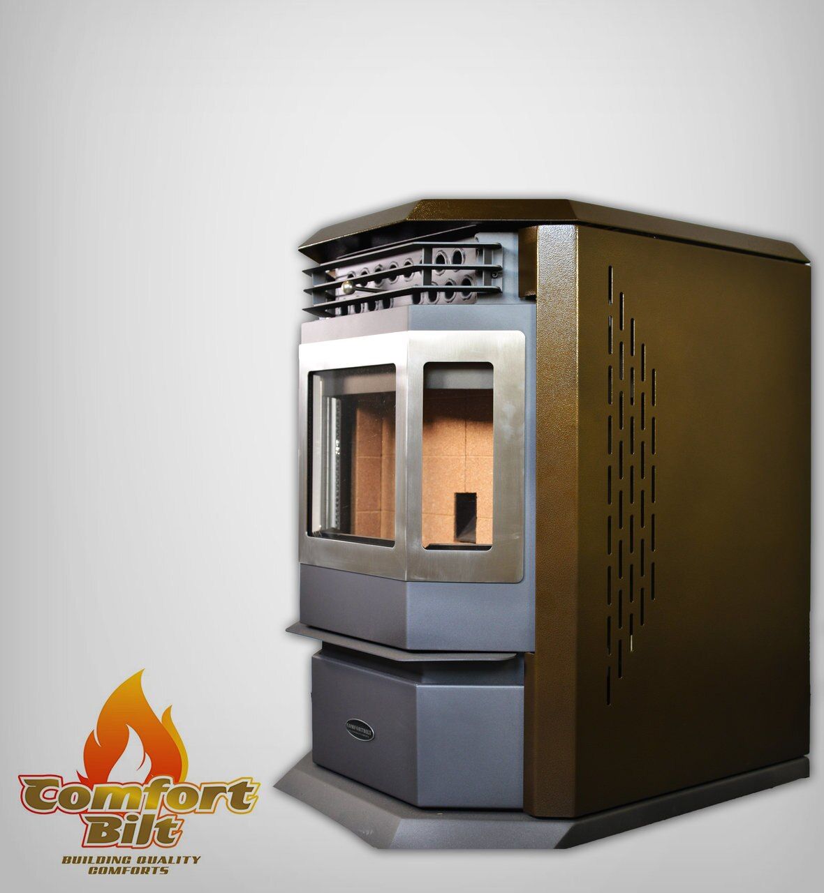 ComfortBilt HP22 pellet stove in Golden Brown Stainless Trim — right side with logo
