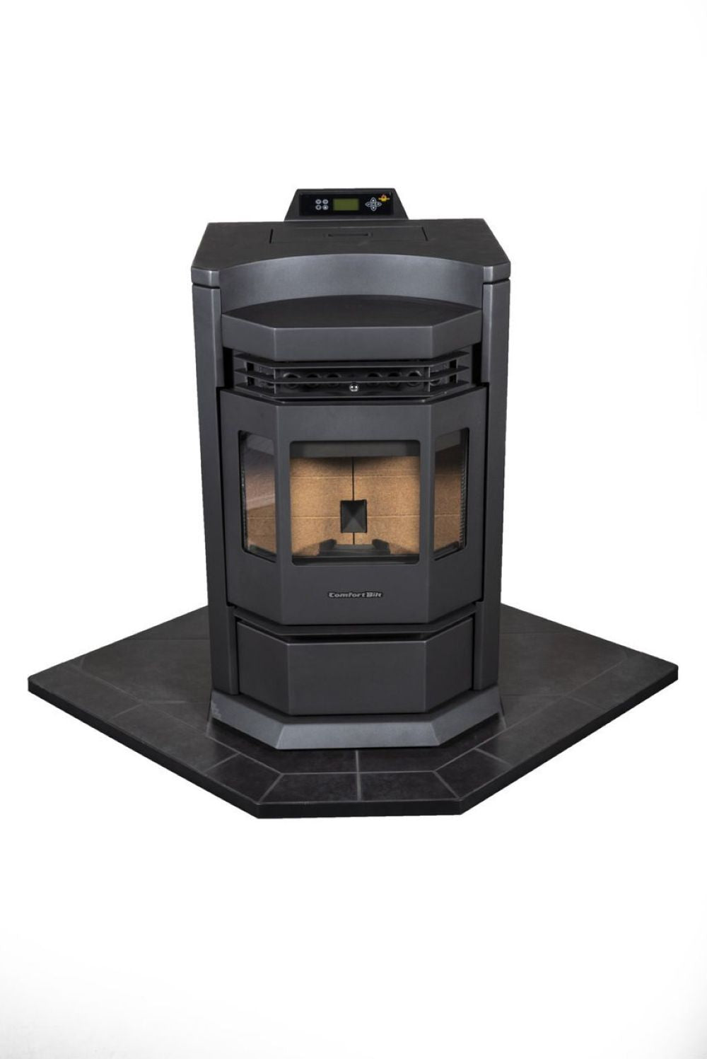 ComfortBilt HP22N pellet stove in Black — on hearth pad