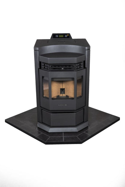 ComfortBilt HP22N pellet stove in Black — on hearth pad