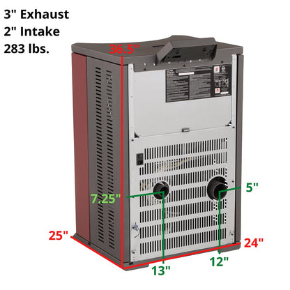 ComfortBilt HP22N pellet stove in Black Stainless Trim — back with measurements