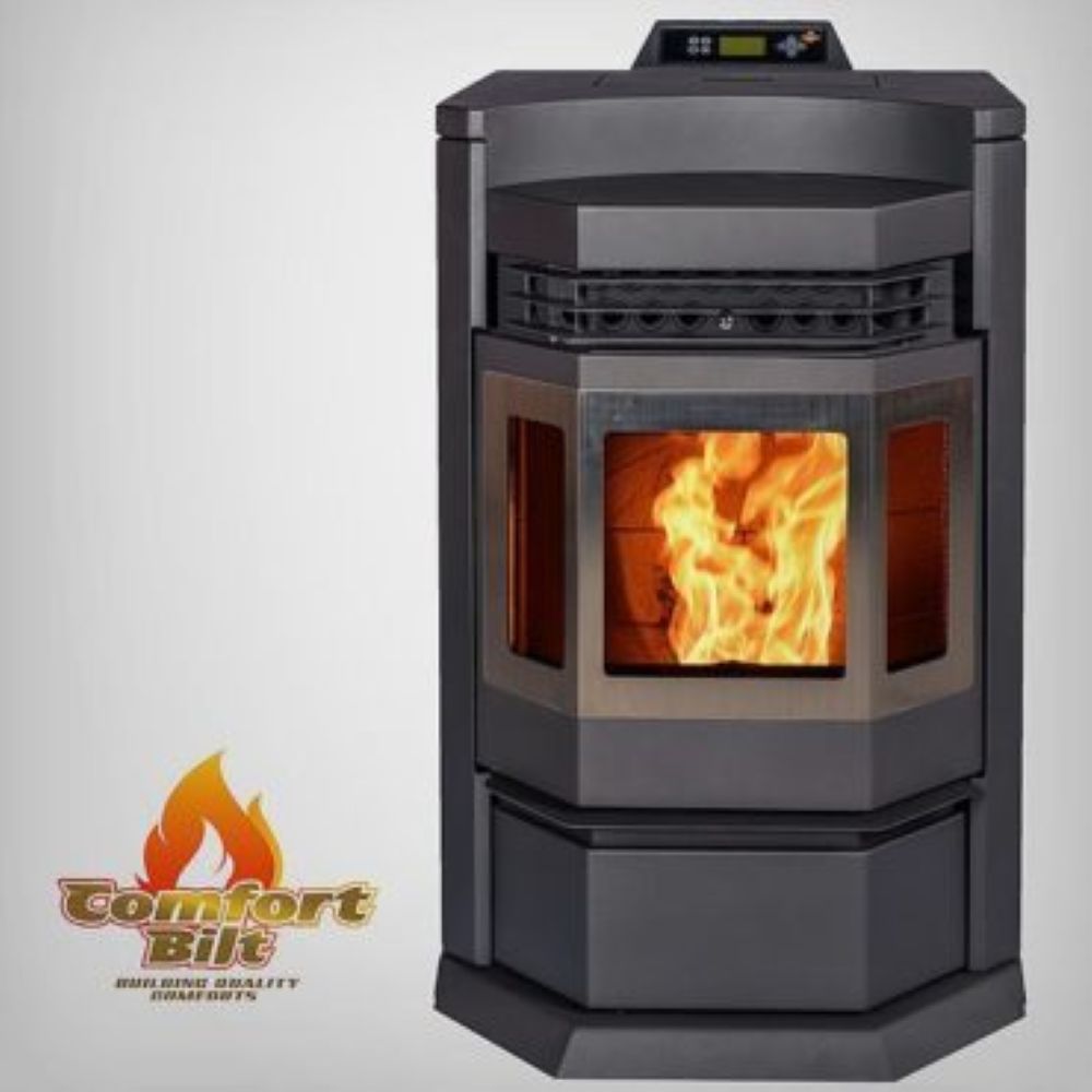 ComfortBilt HP22N pellet stove in Black Stainless Trim — front with logo