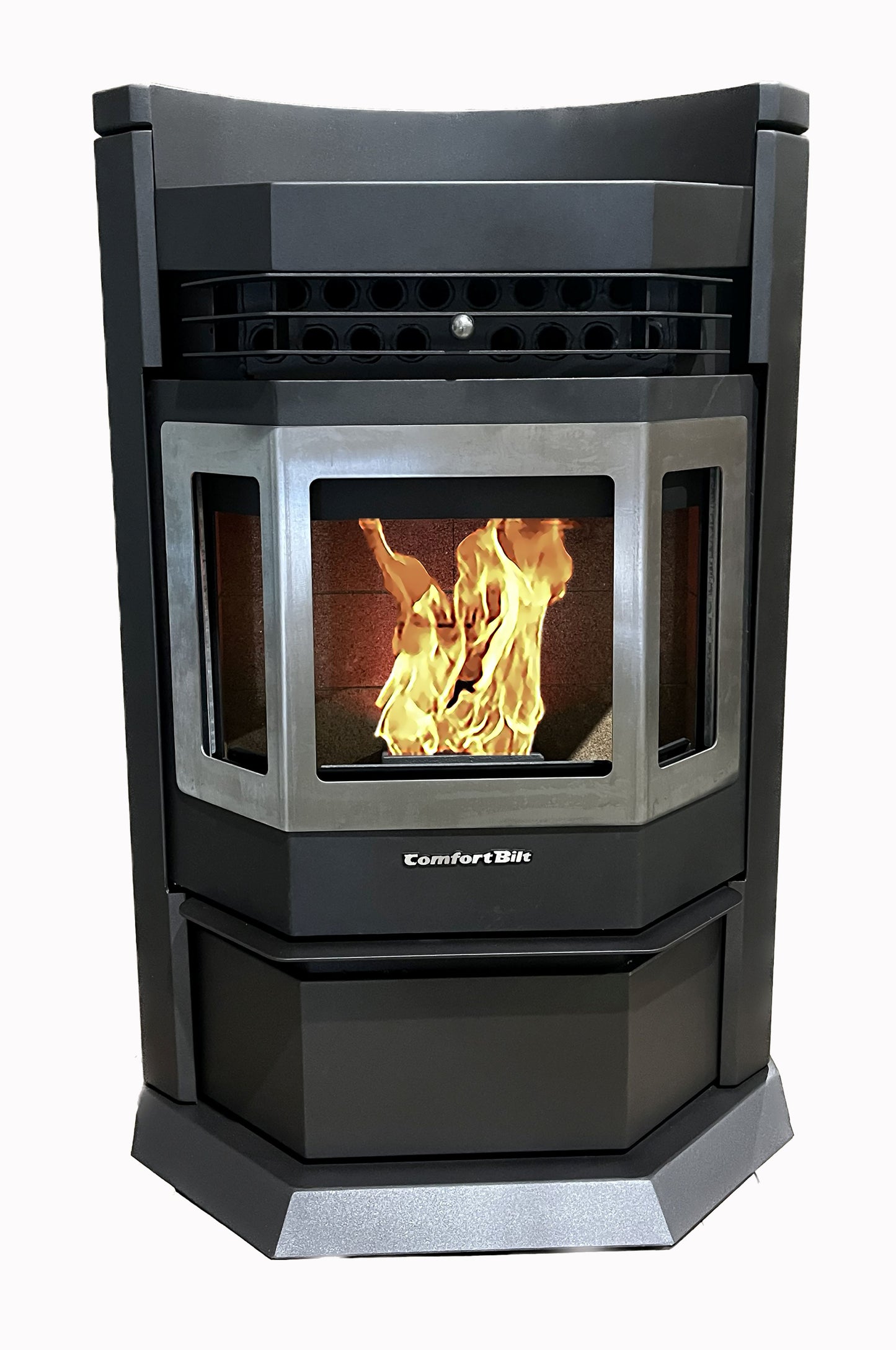 ComfortBilt HP22N pellet stove in Black Stainless Trim — w fire