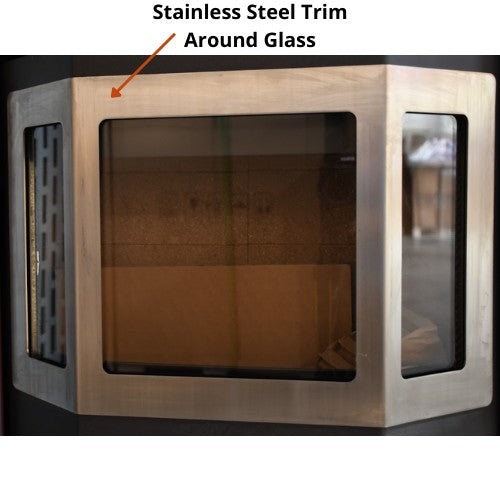 ComfortBilt HP22N pellet stove in Black Stainless Trim — window trim stainless