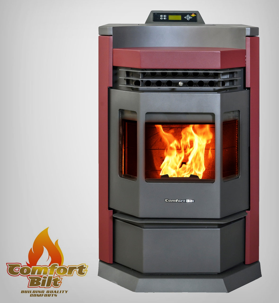 ComfortBilt HP22N pellet stove in Burgundy — burg front with logo