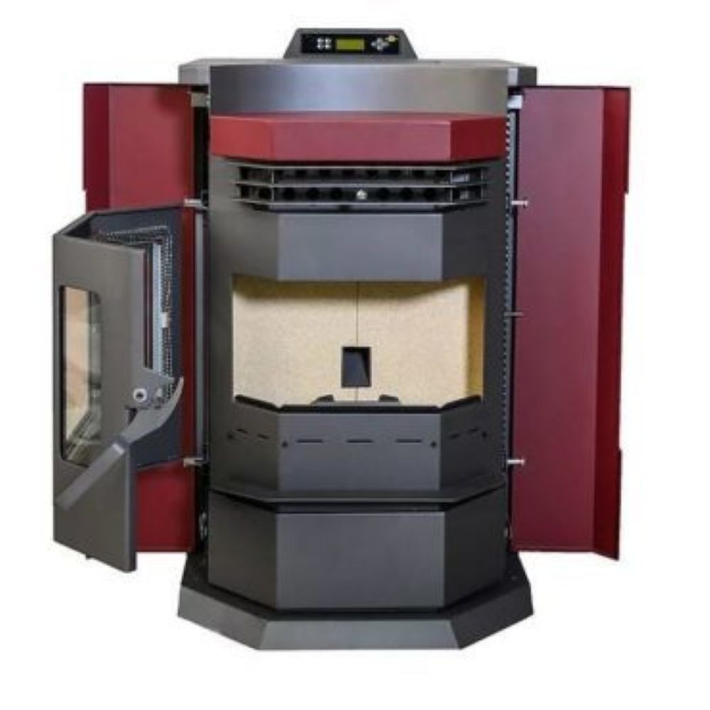ComfortBilt HP22N pellet stove in Burgundy — burg open