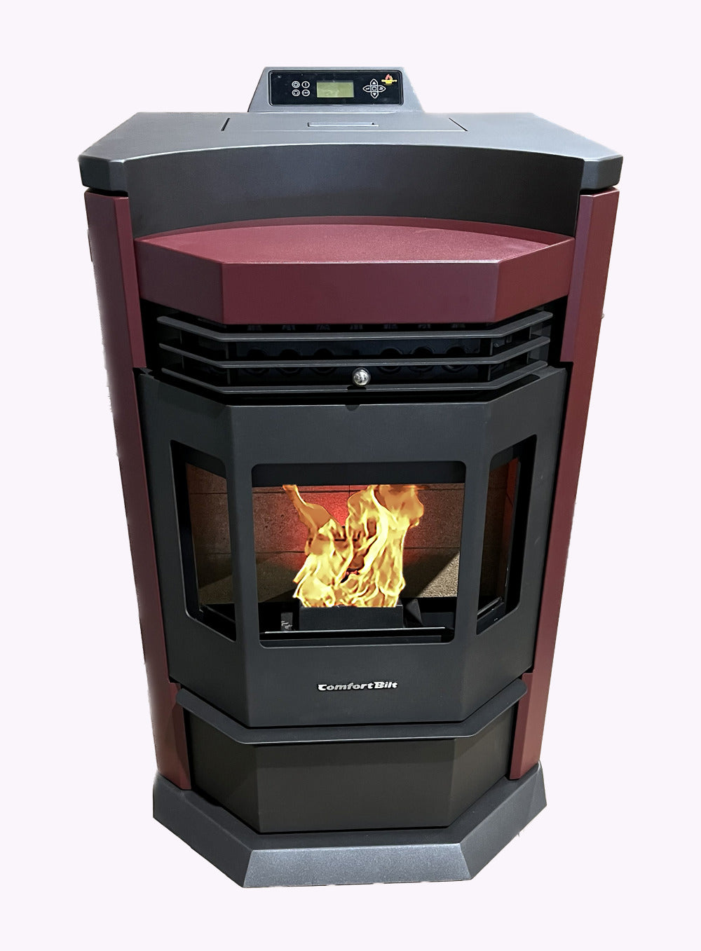 ComfortBilt HP22N pellet stove in Burgundy — front w fire
