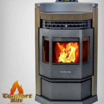 ComfortBilt HP22N pellet stove in Golden Brown — front with logo