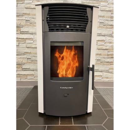 ComfortBilt HP50S pellet stove in Arctic White — fire front