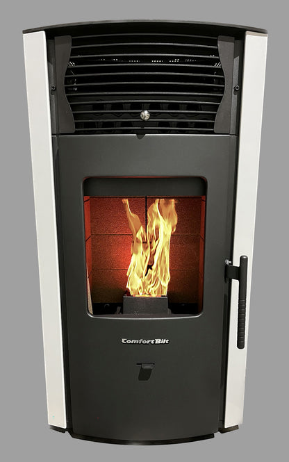 ComfortBilt HP50S pellet stove in Arctic White — front w flame