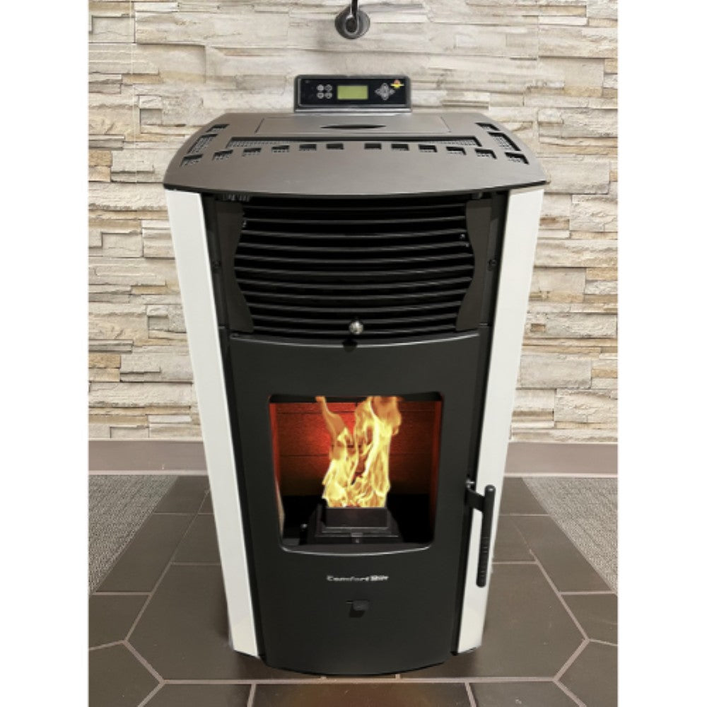 ComfortBilt HP50S pellet stove in Arctic White — on hearth pad from top