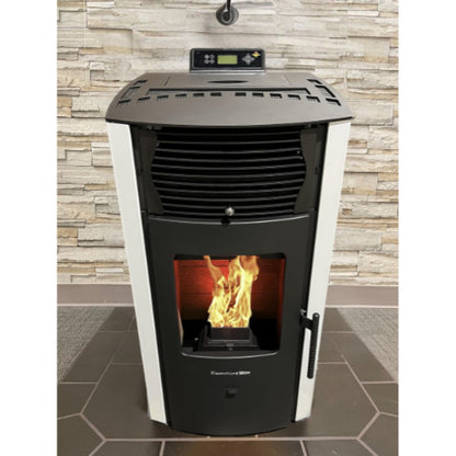 ComfortBilt HP50S pellet stove in Arctic White — on hearth pad from top