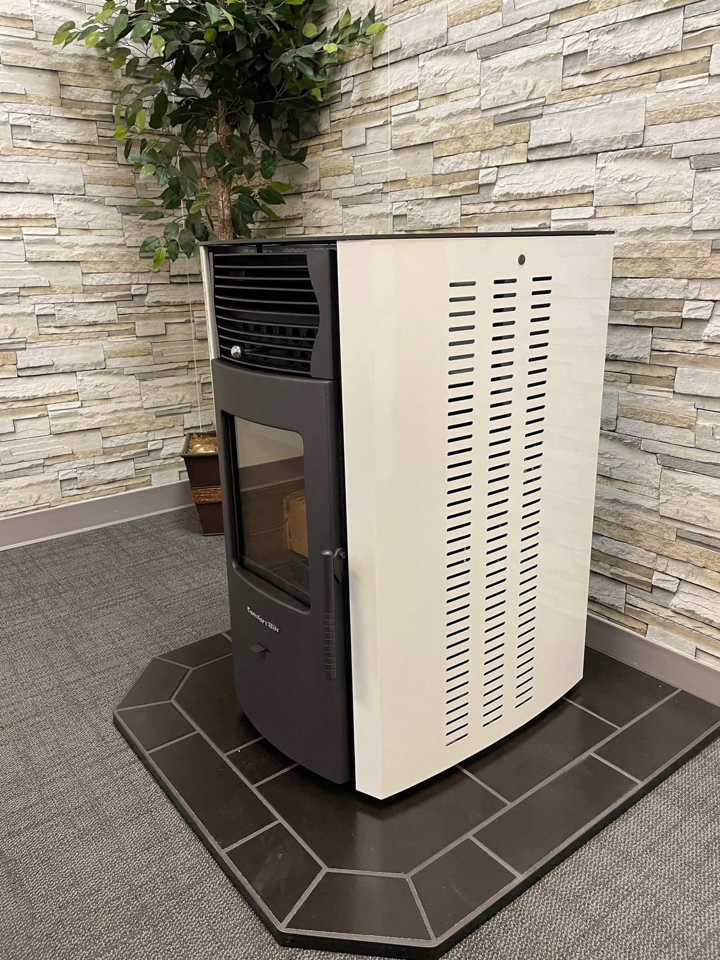 ComfortBilt HP50S pellet stove in Arctic White — right side