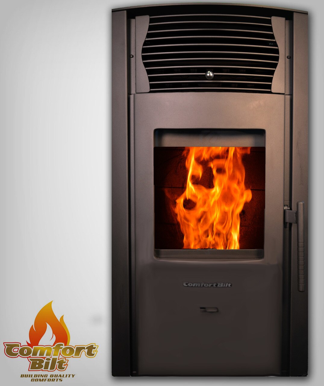 ComfortBilt HP50S pellet stove in Black — front with logo