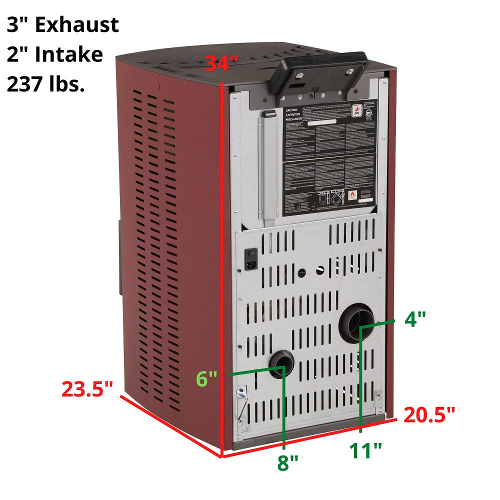 ComfortBilt HP50S pellet stove in Burgundy — back with measurements