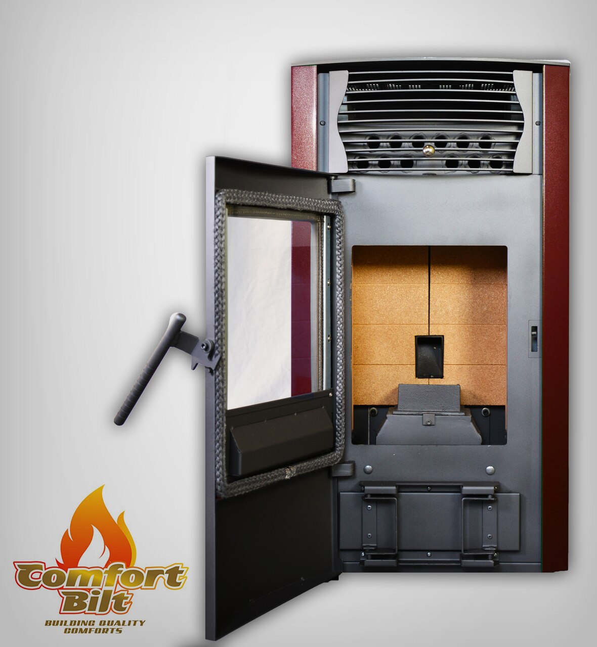 ComfortBilt HP50S pellet stove in Burgundy — front open with logo