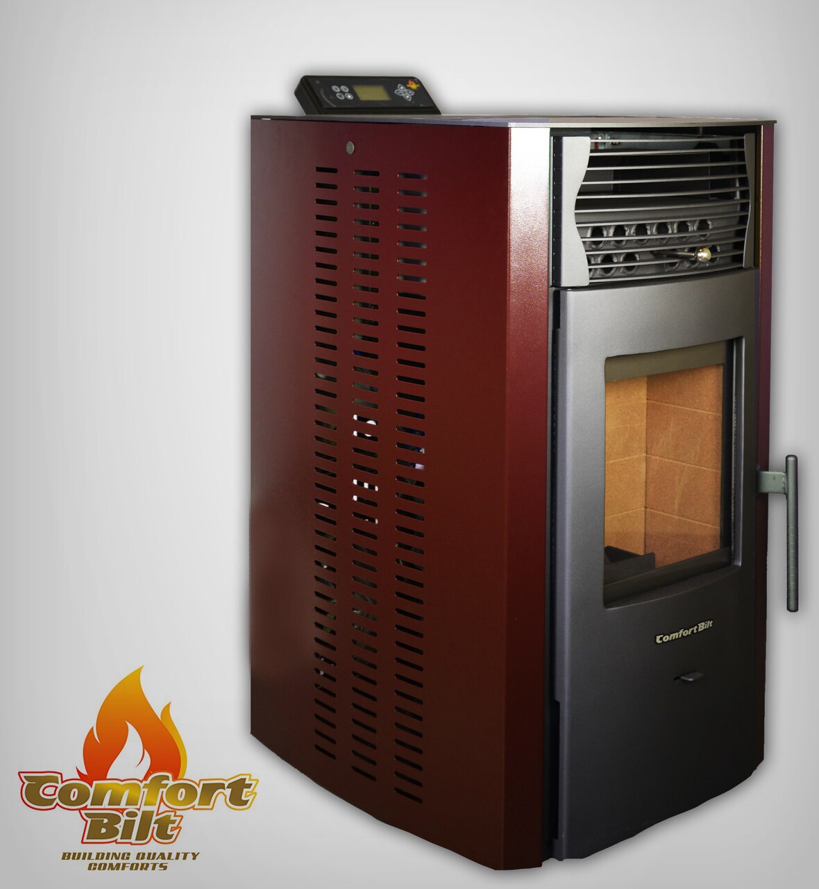 ComfortBilt HP50S pellet stove in Burgundy — left side with logo