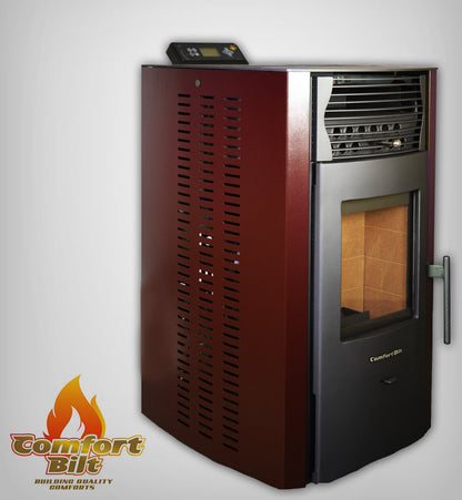 ComfortBilt HP50S pellet stove in Burgundy — left side with logo