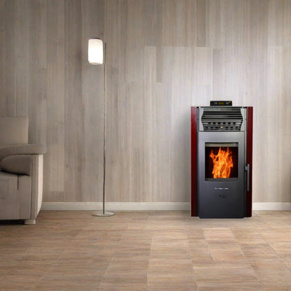 ComfortBilt HP50S pellet stove in Burgundy — lifestyle