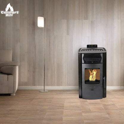 ComfortBilt HP50S pellet stove in Dark Brown — lifestyle with logo