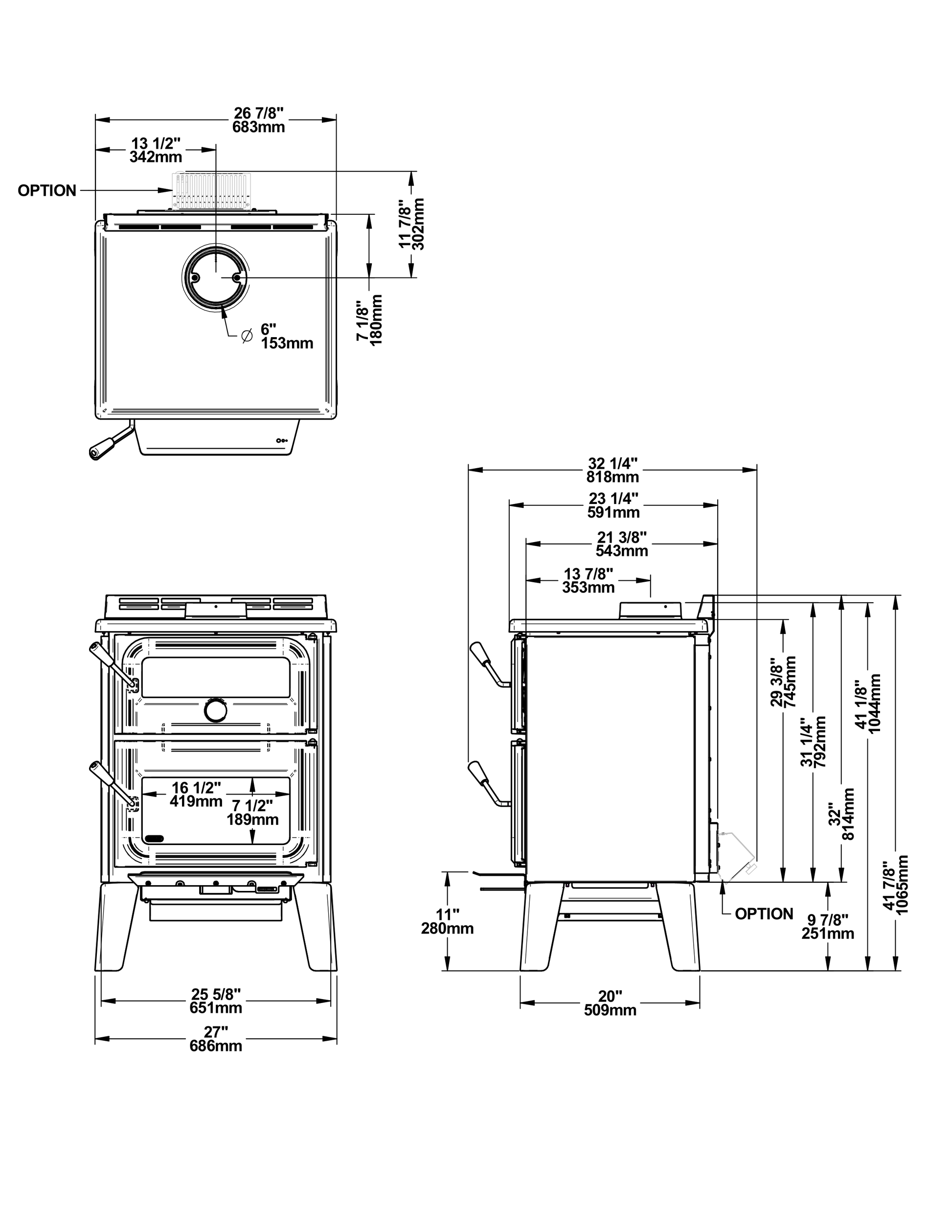 Drolet Bistro dimensions — official dimension drawing (inches)