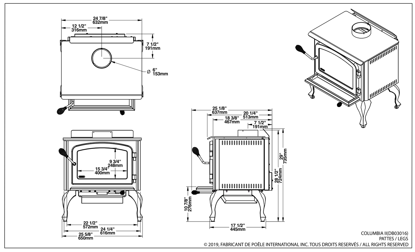 Drolet Columbia II dimensions — official dimension drawing (inches)