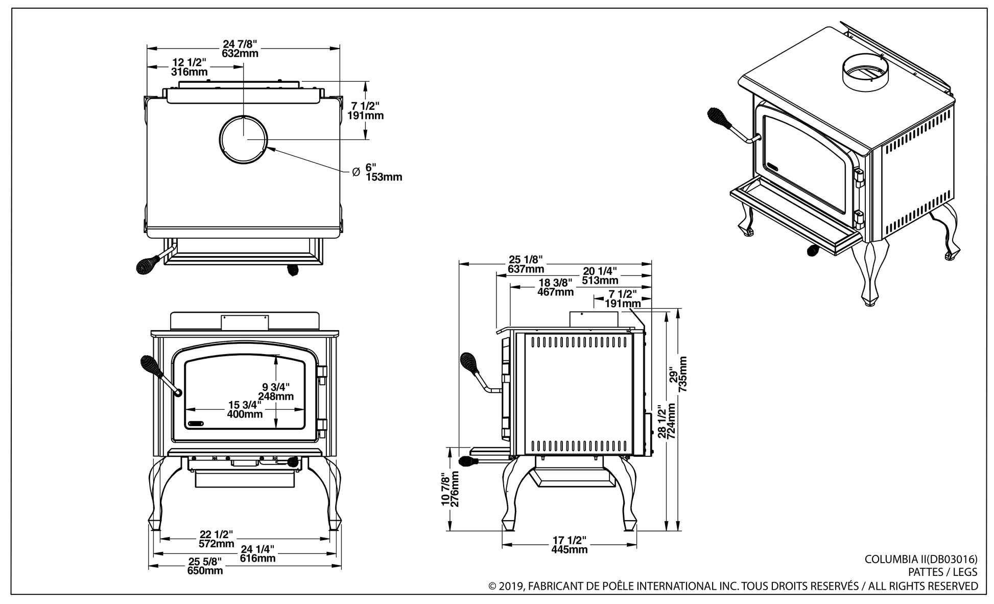 Drolet Columbia II dimensions — official dimension drawing (inches)
