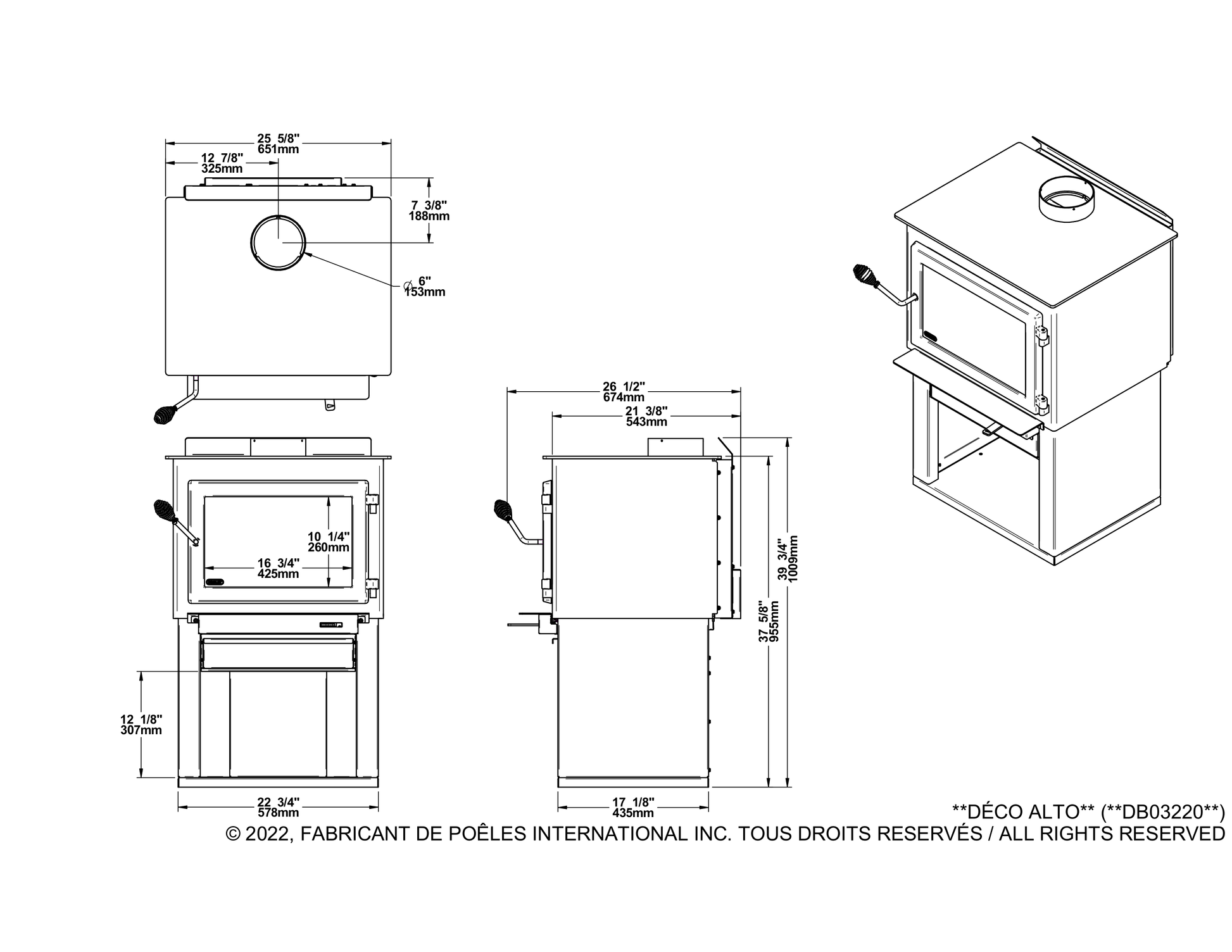 Drolet Deco Alto dimensions — official dimension drawing (inches)