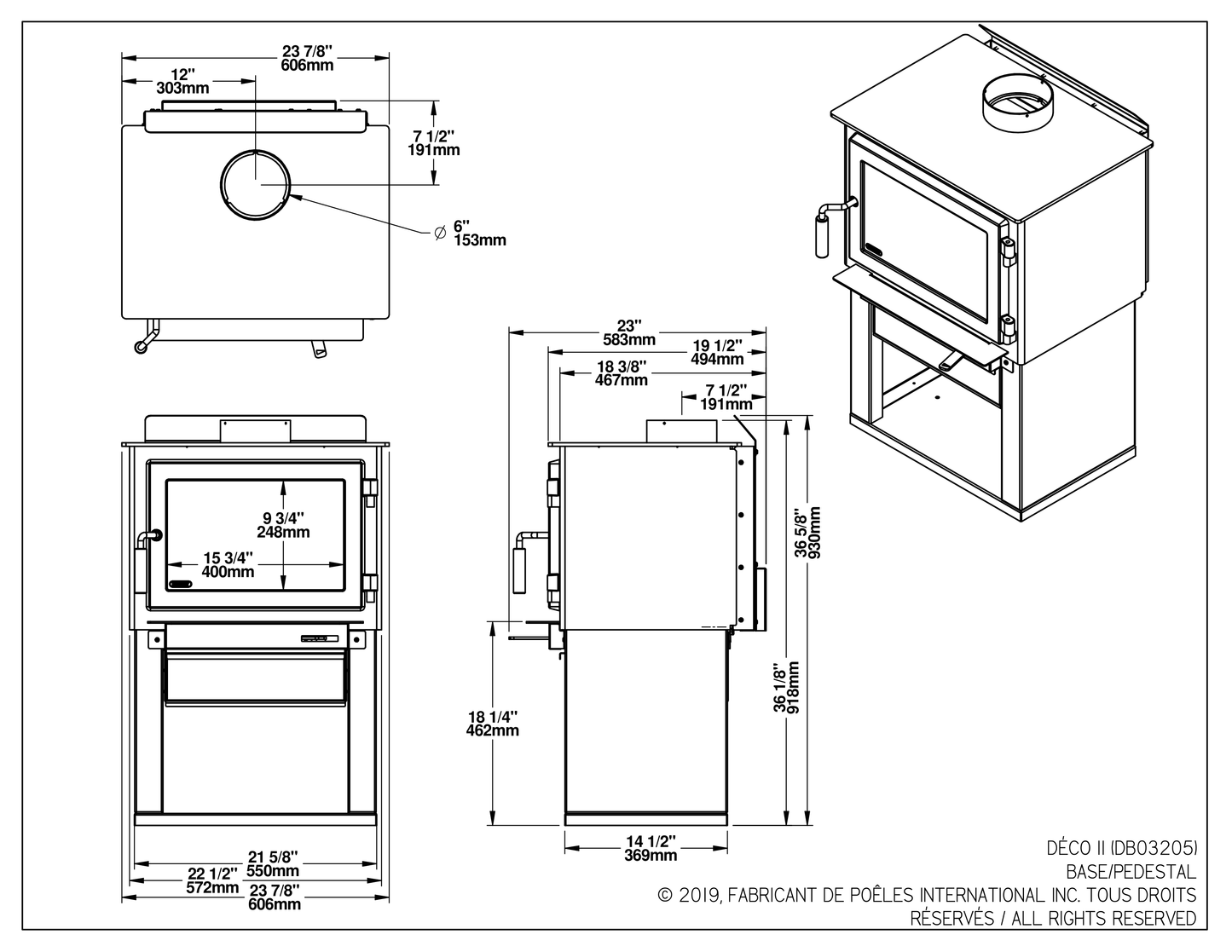Drolet Deco II dimensions — official dimension drawing (inches)
