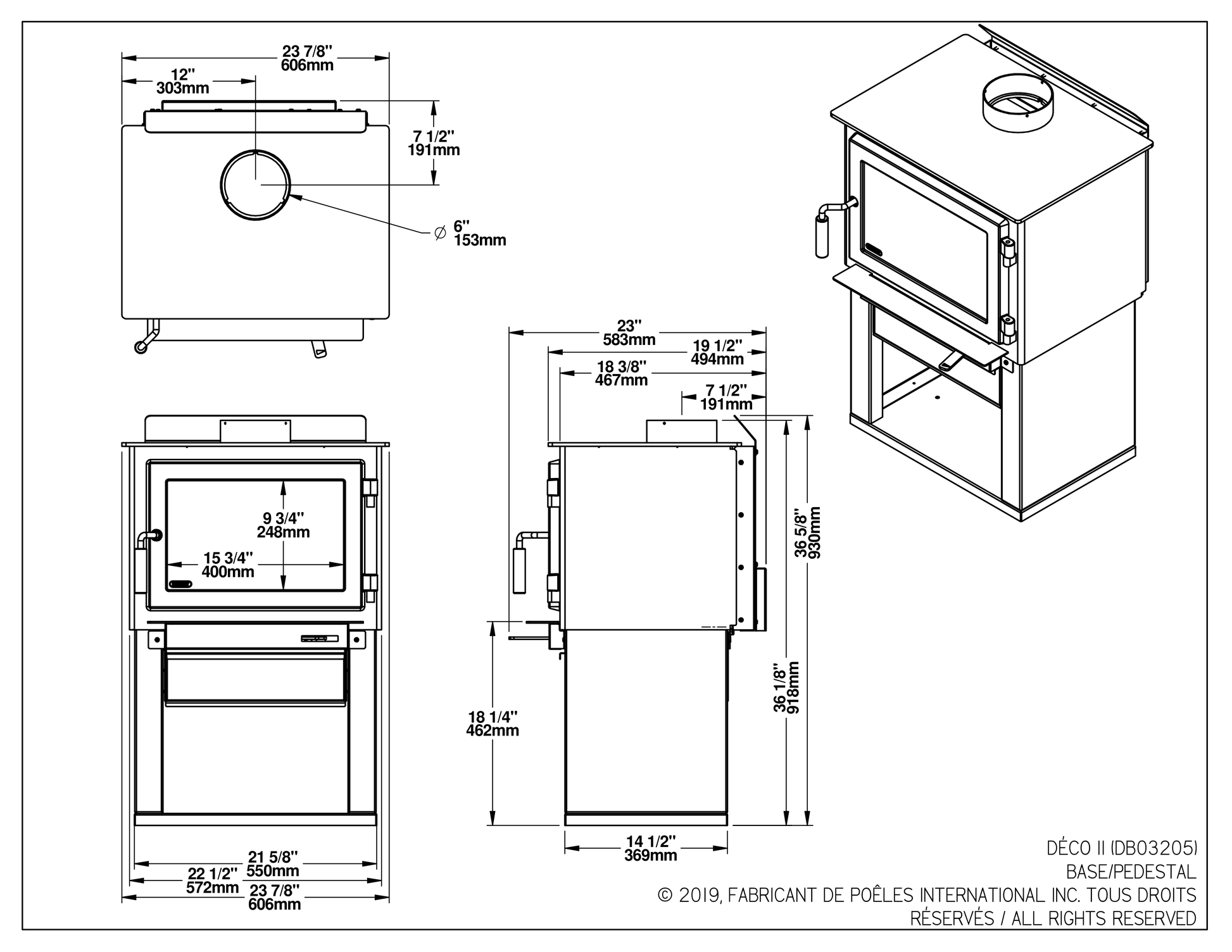 Drolet Deco II dimensions — official dimension drawing (inches)