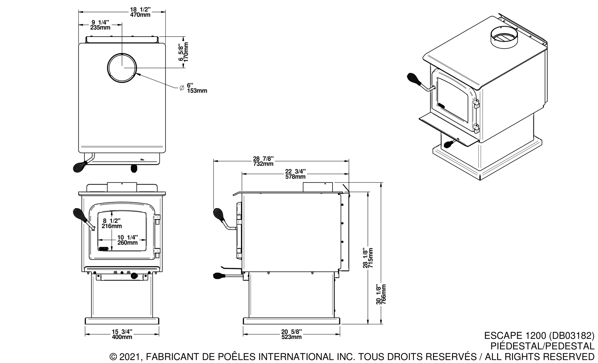 Drolet Escape 1200 dimensions — official dimension drawing (inches)