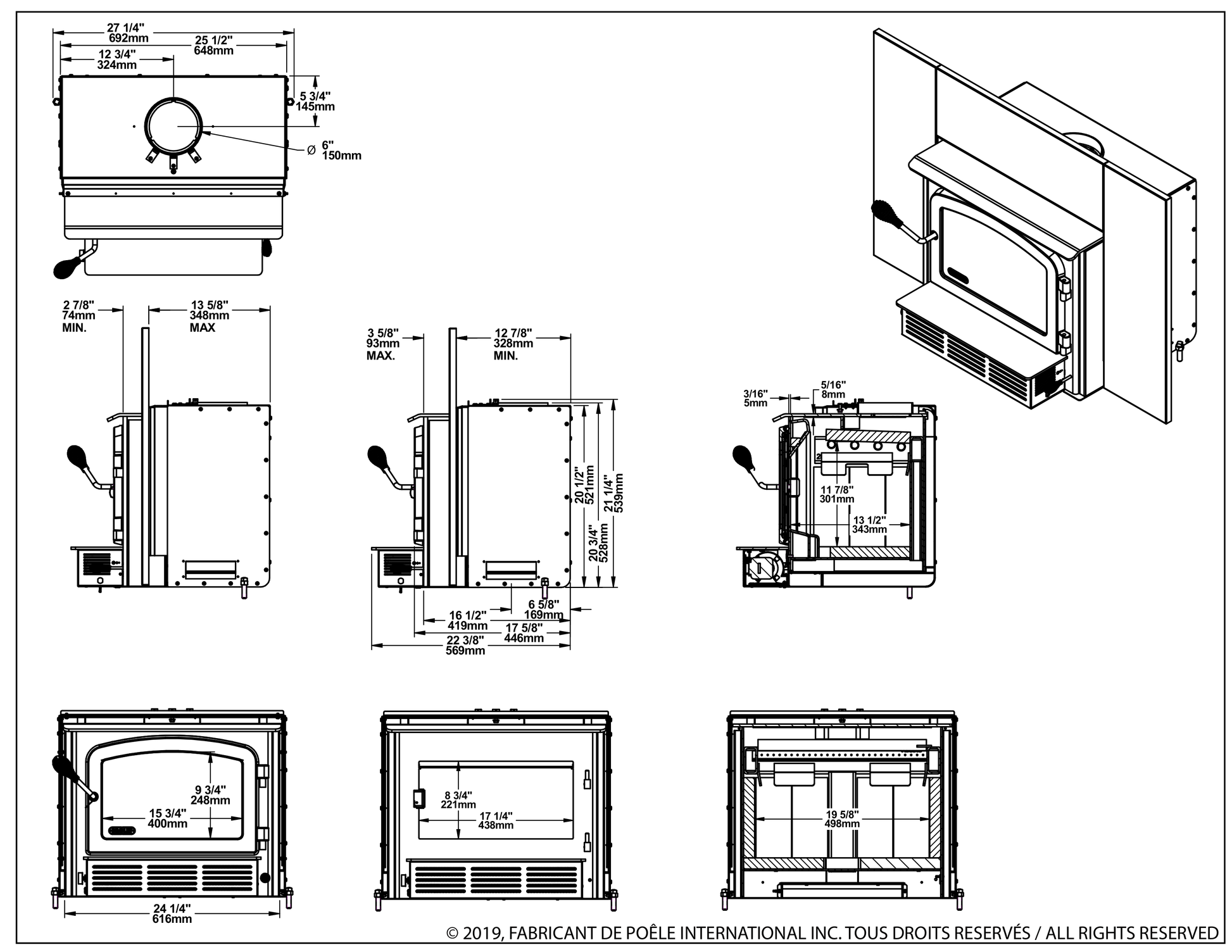 Drolet Escape 1500-I dimensions — official dimension drawing (inches)