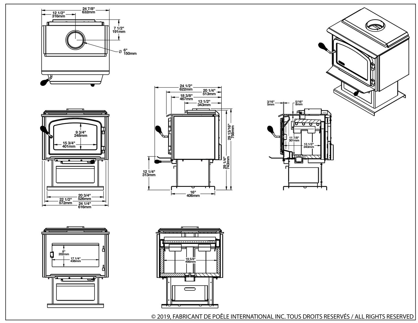 Drolet Escape 1500 dimensions — official dimension drawing (inches)